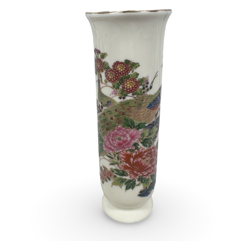 Asahi Japan Porcelain Peacock Floral Bud Vase White Gold Gilt Trim 8 Inch